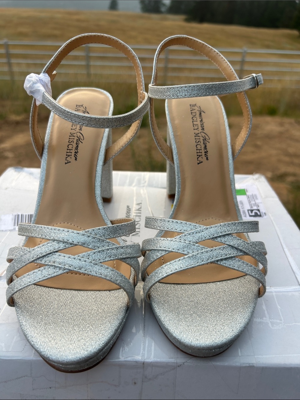 Badgley Mischka Kyleen Silver Glitter Block Heel Sandals - Picture 3 of 12